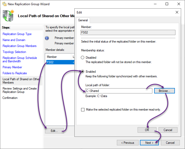 Editing path of the replicated folder