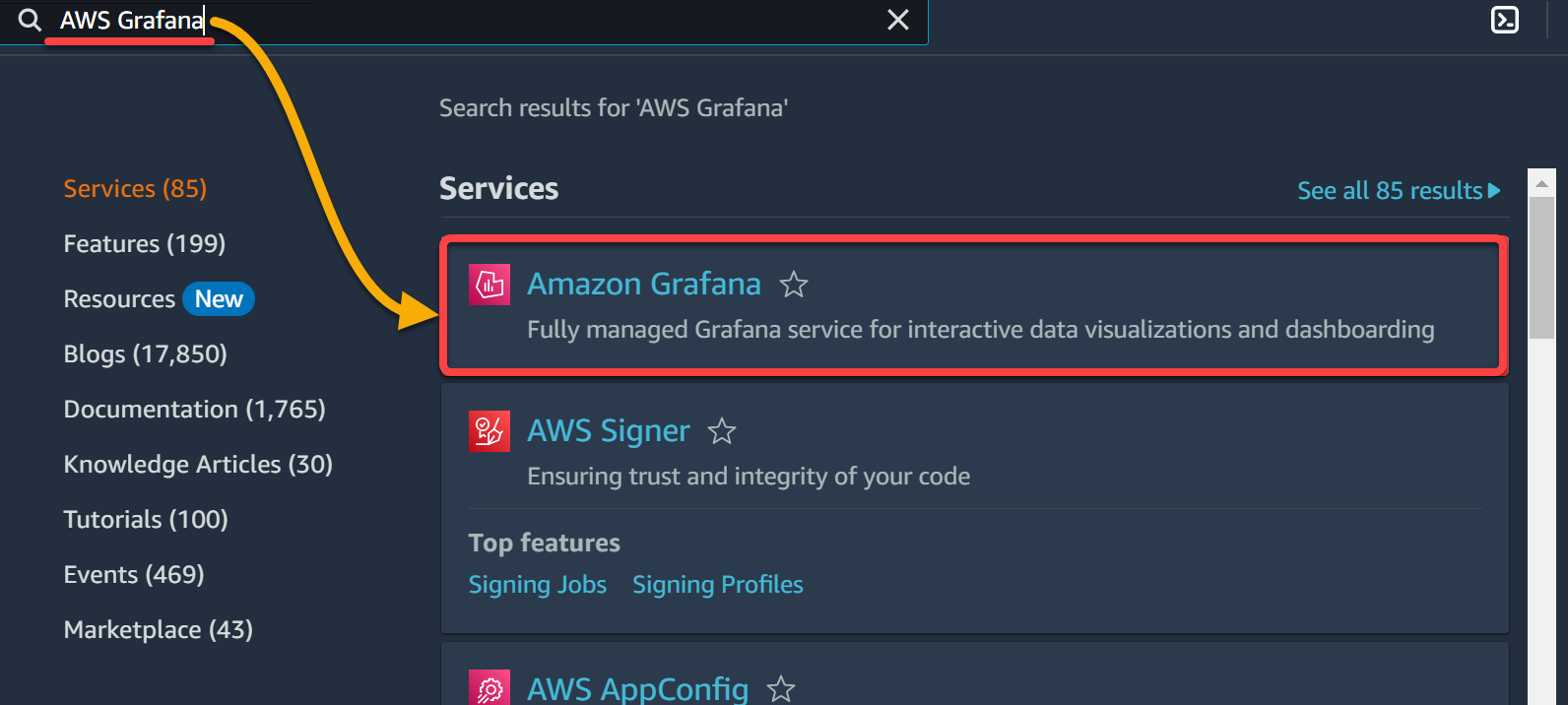 Searching for the AWS Grafana service