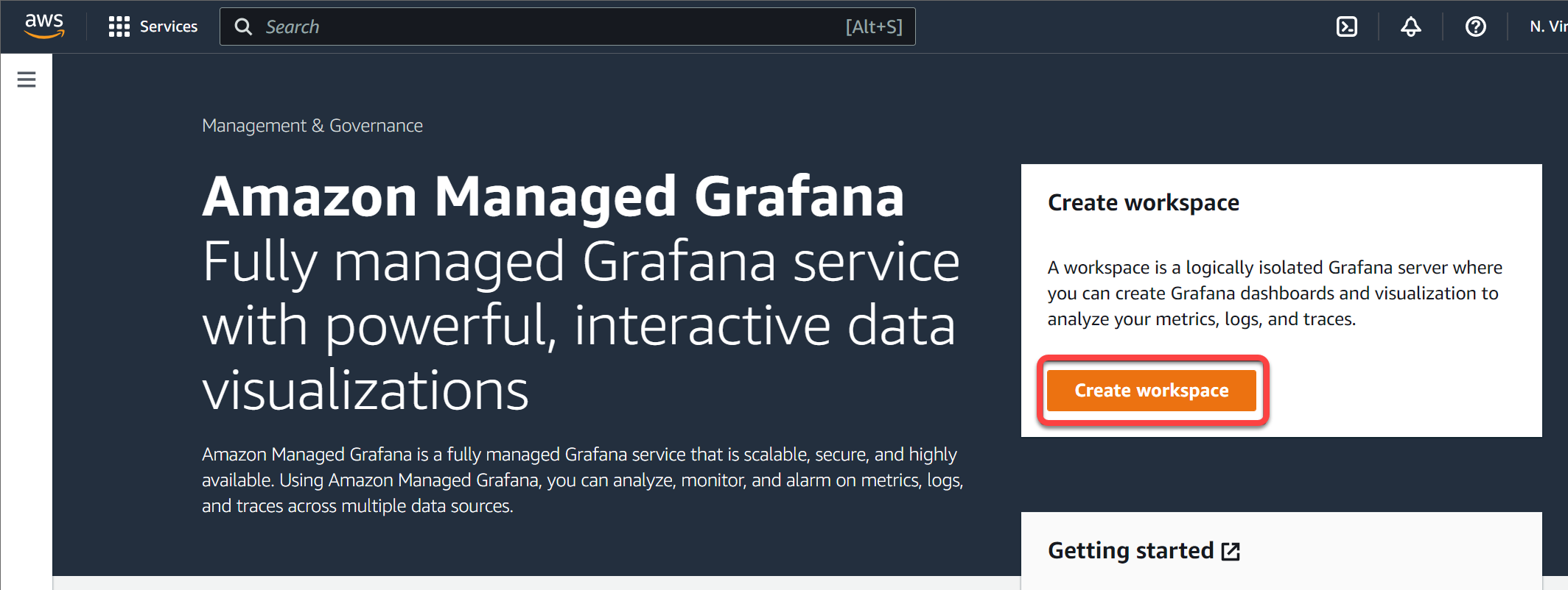 Initiating creating a workspace on AWS Grafana