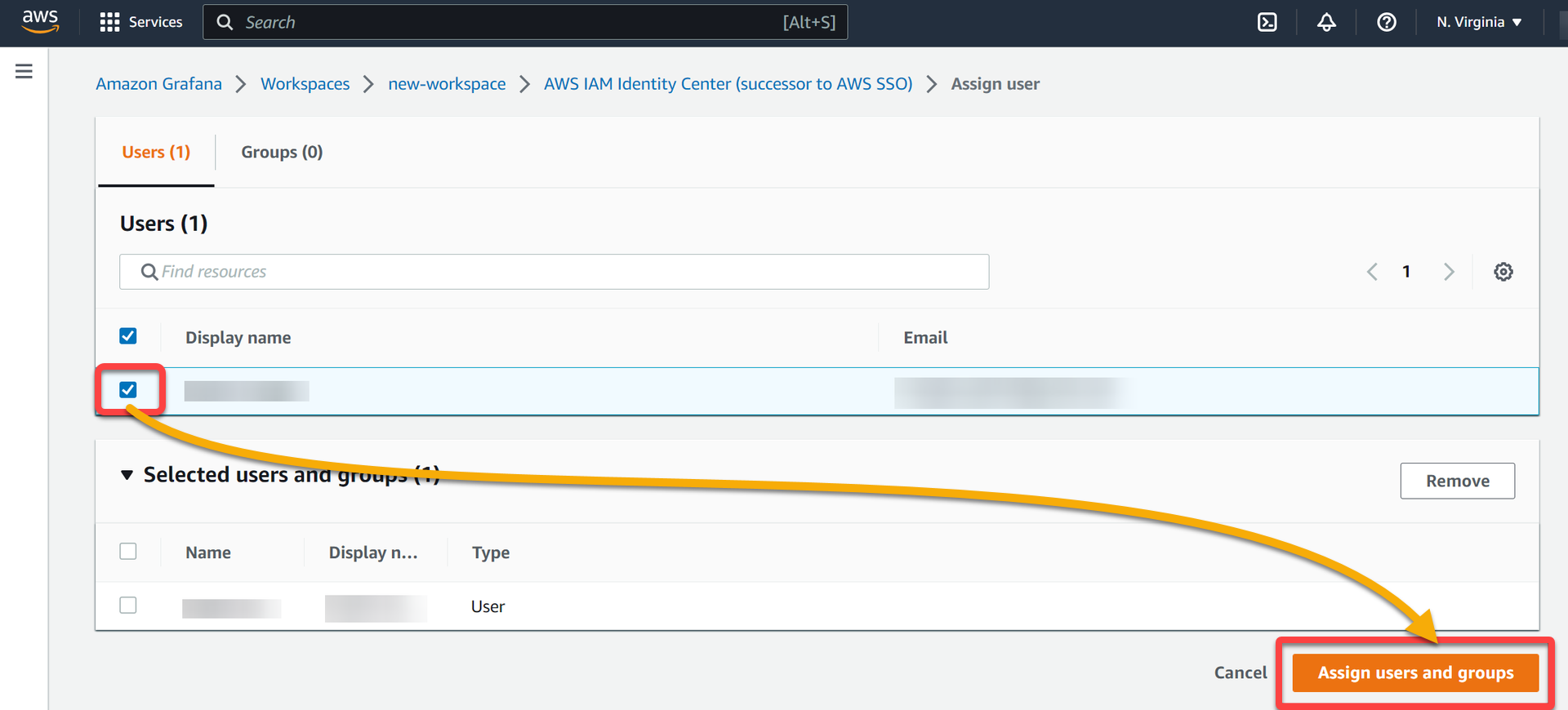 Selecting a user to assign access to the Grafana workspace 