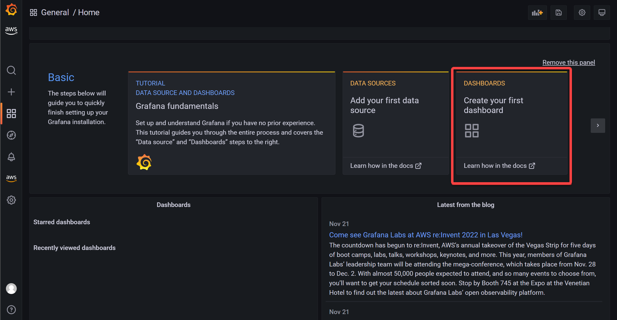 Creating a dashboard on the AWS Grafana workspace