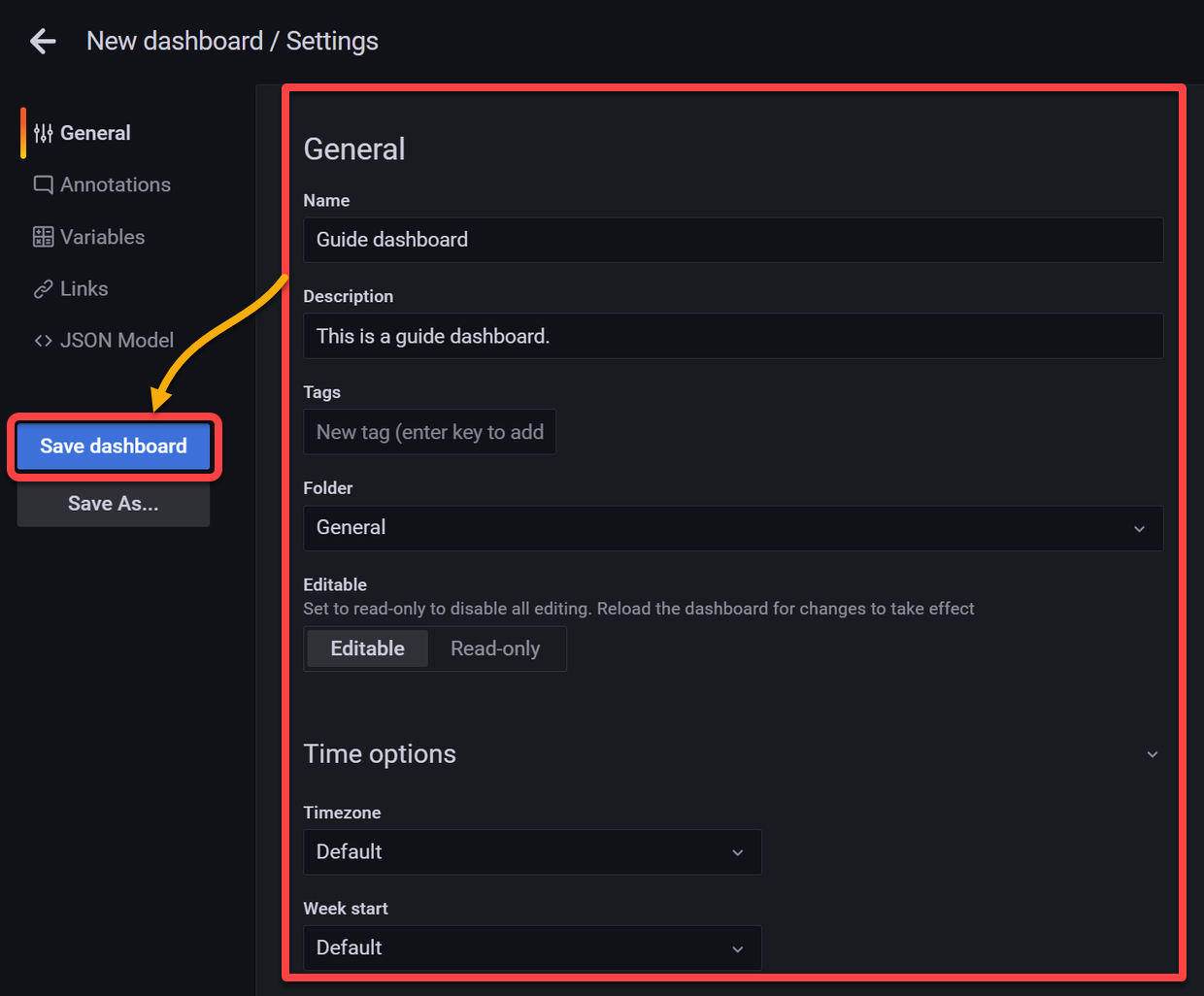 Configuring the dashboard settings