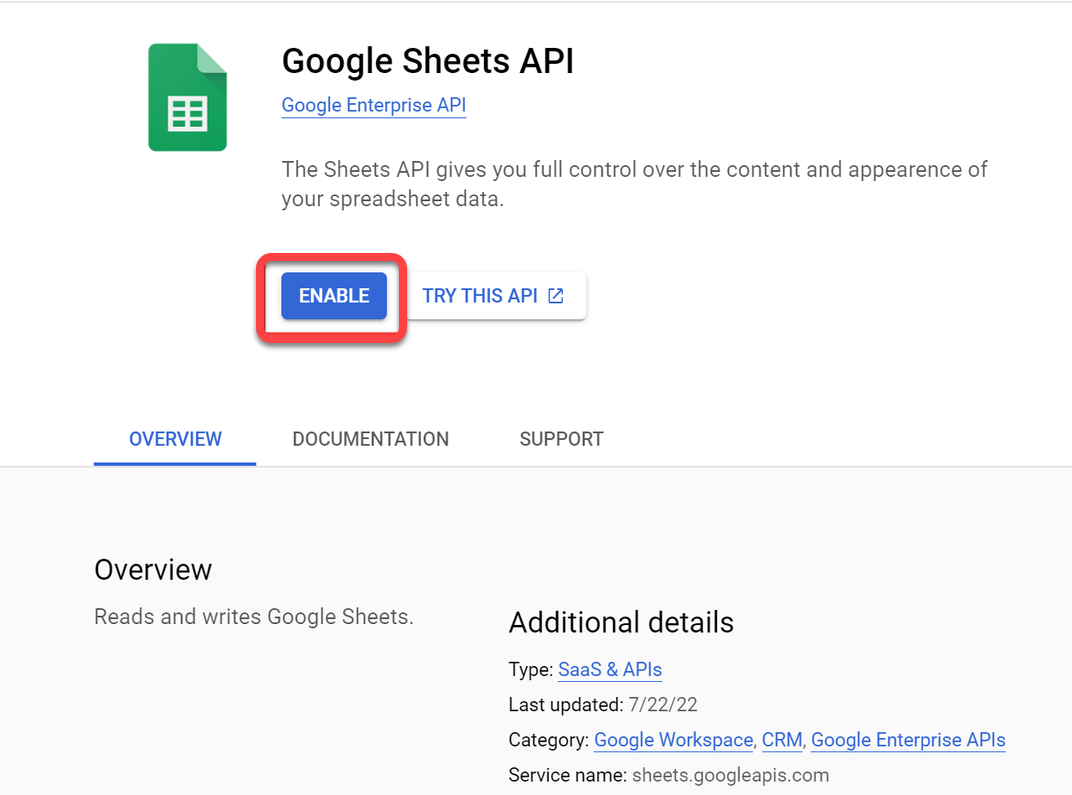 Enabling Google sheets API 