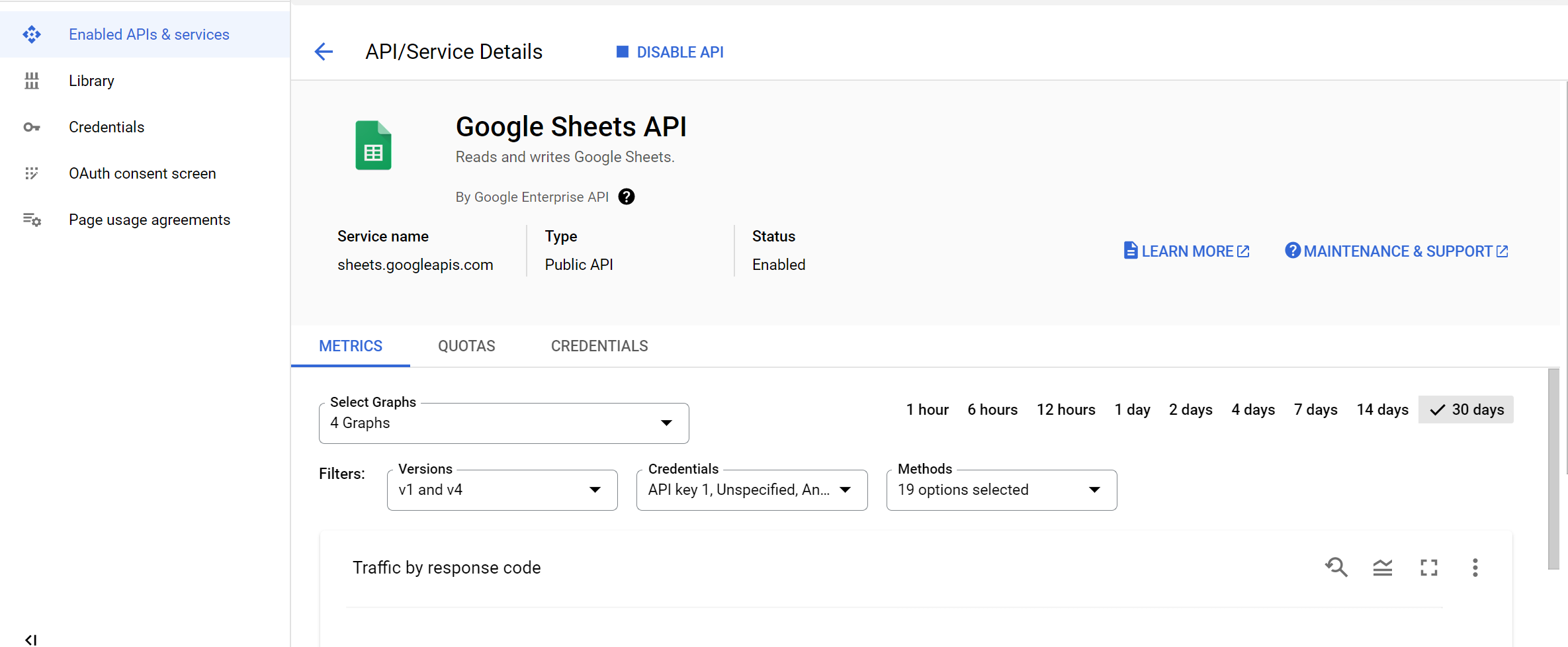 Confirming Google Sheets API is enabled.