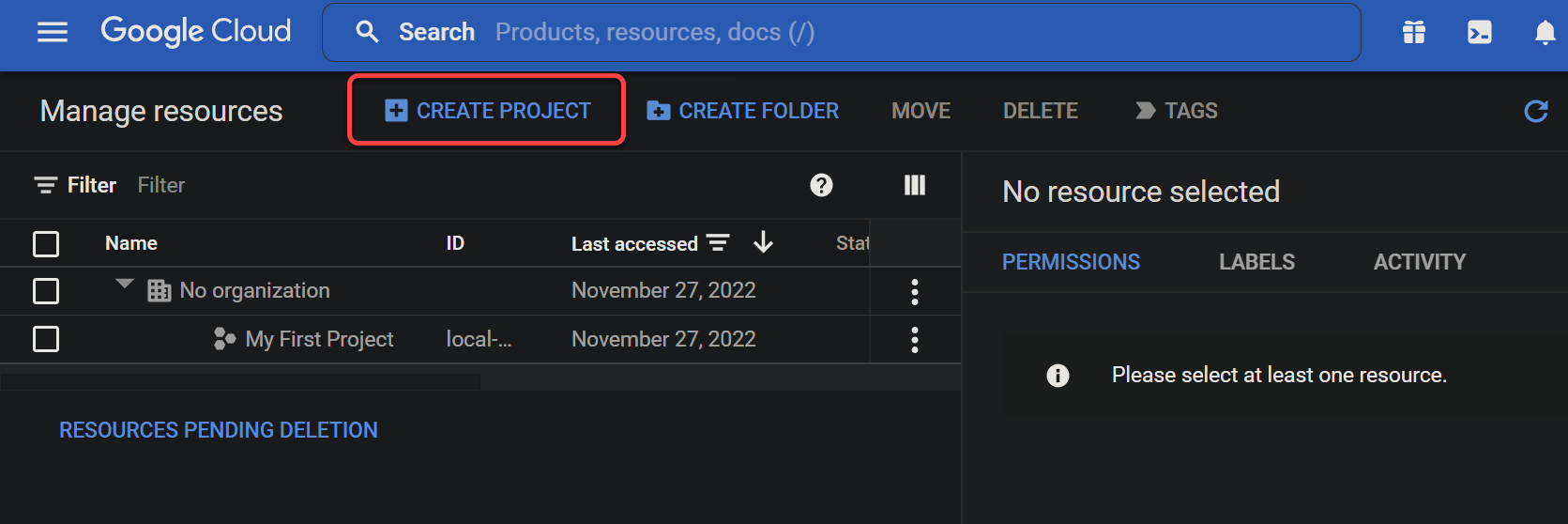 Initiating creating a new Google Cloud project