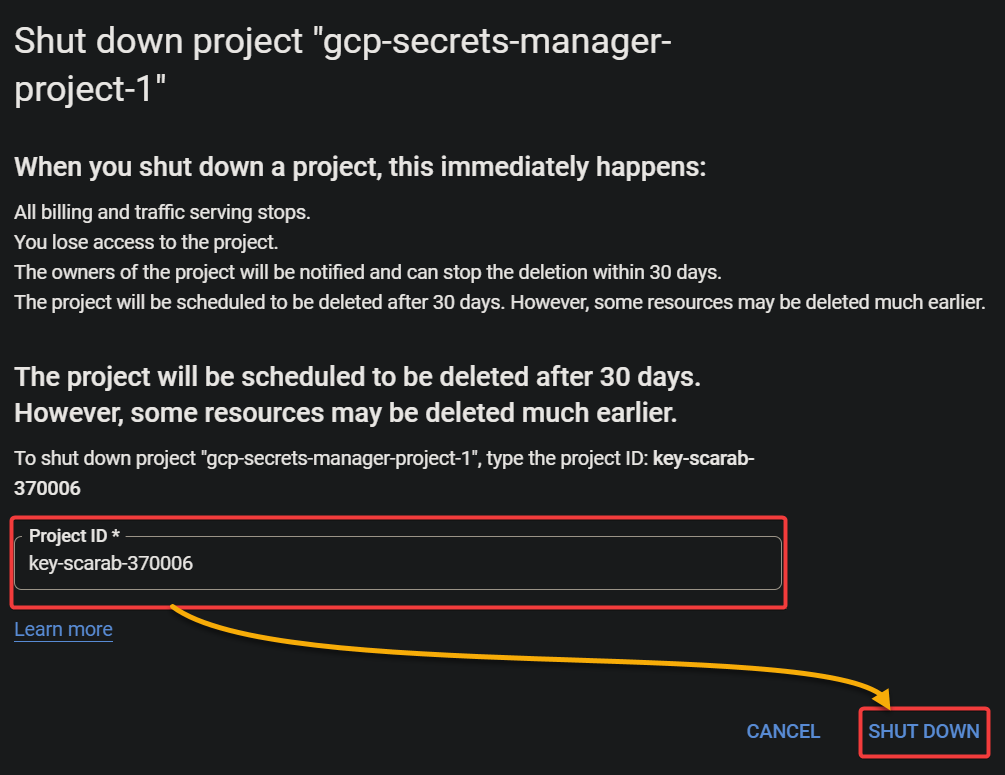 Confirming the project deletion