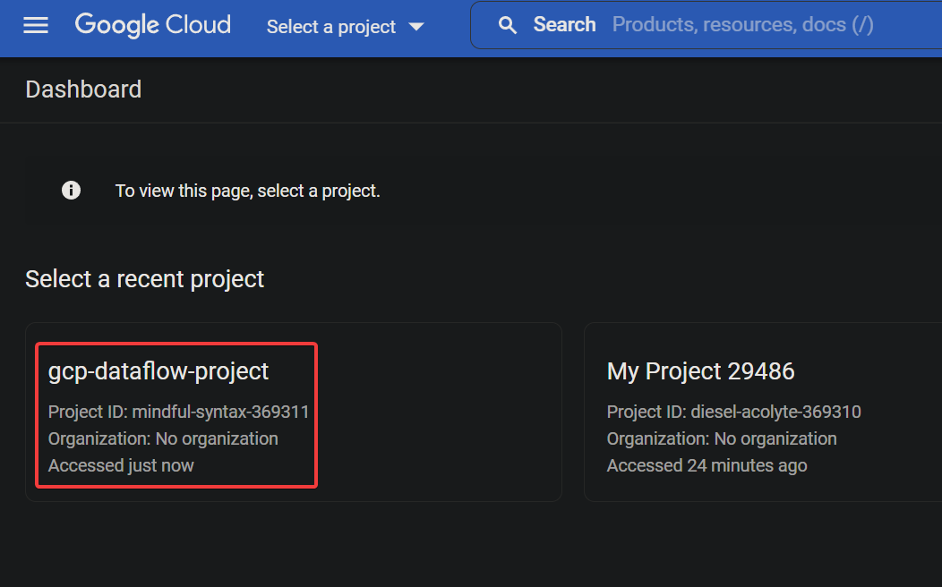 Selecting the newly-created project via GCP Dashboard