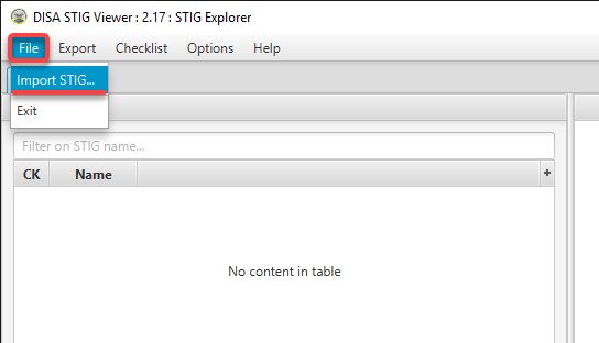 Initiating importing a STIG on STIG Viewer