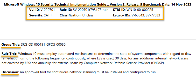 Viewing the Contents of a STIG: Viewing the details of a vulnerability