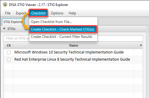 Creating a checklist from the select STIG 