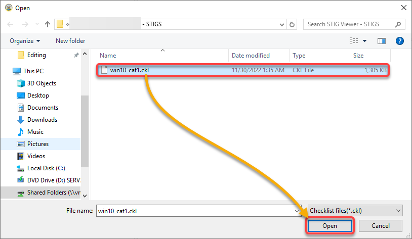 Selecting a checklist file to open