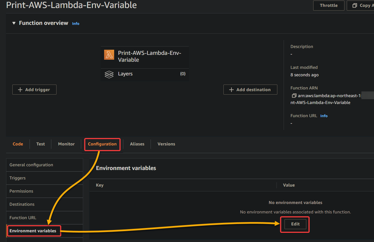 Editing the function’s environment variables