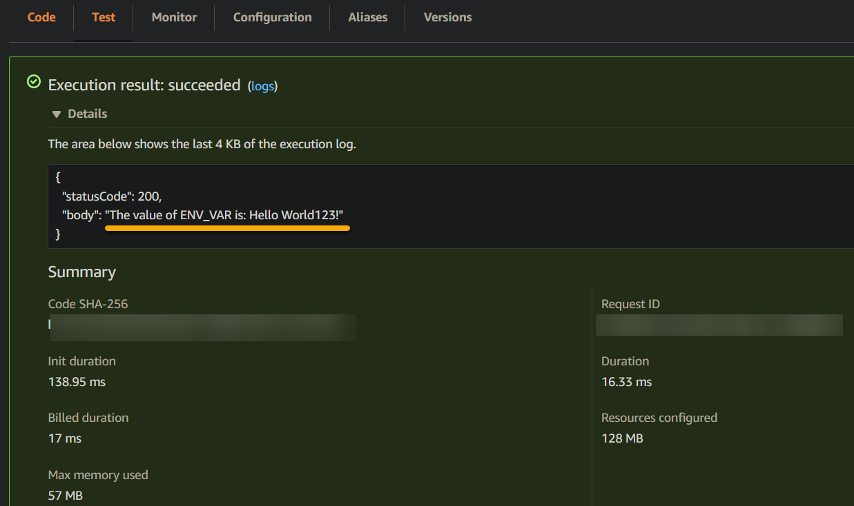 Testing the environment variable in an AWS Lambda Function