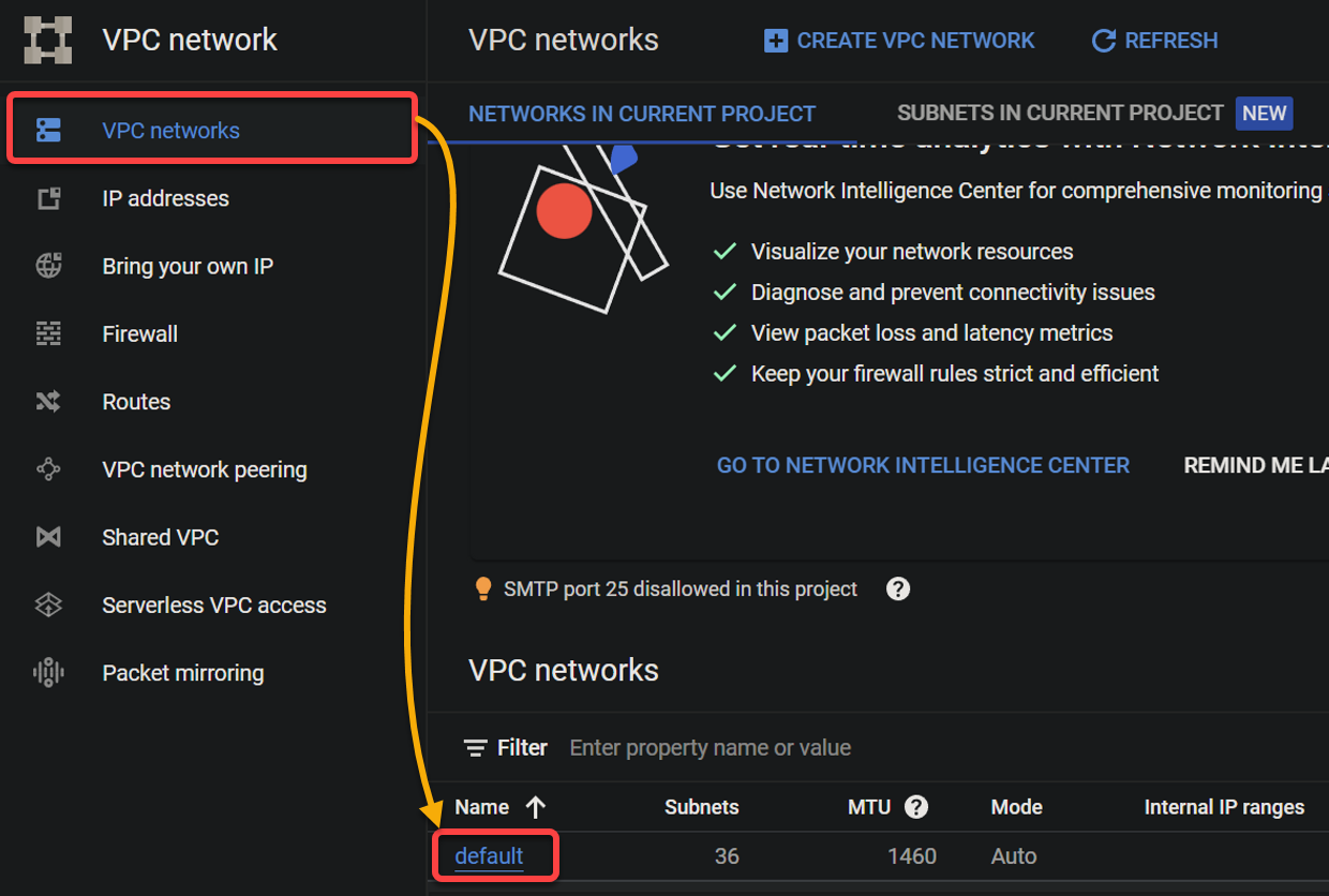 Accessing the default VPC network