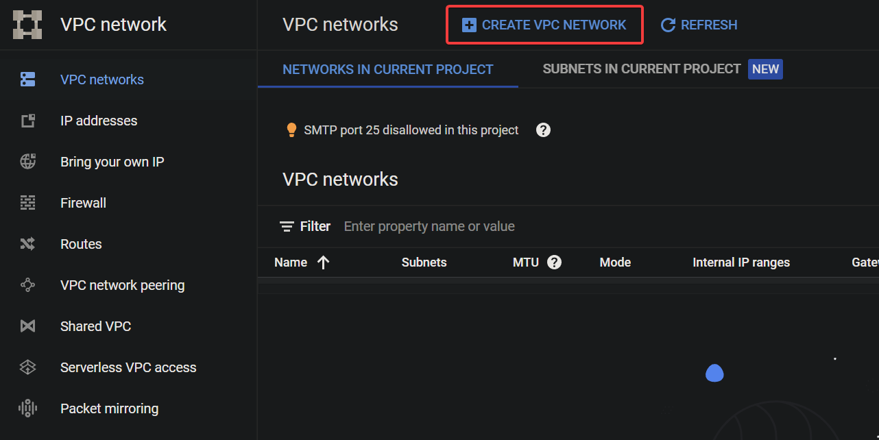 Initiating creating a custom VPC network