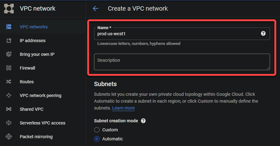 Providing a VPC network name