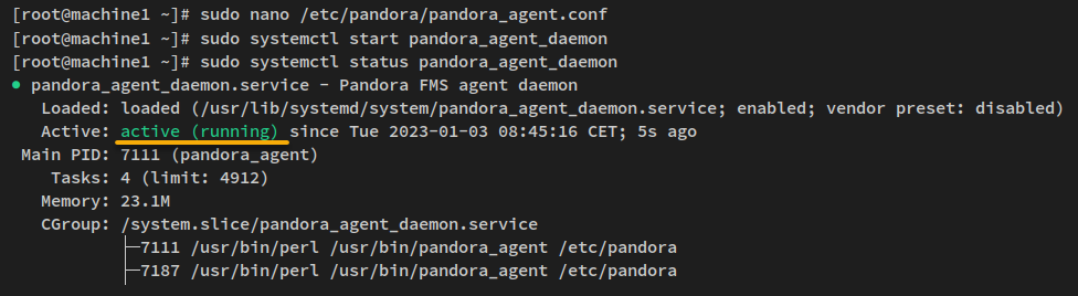 Starting and verifying the pandora_agent_daemon service