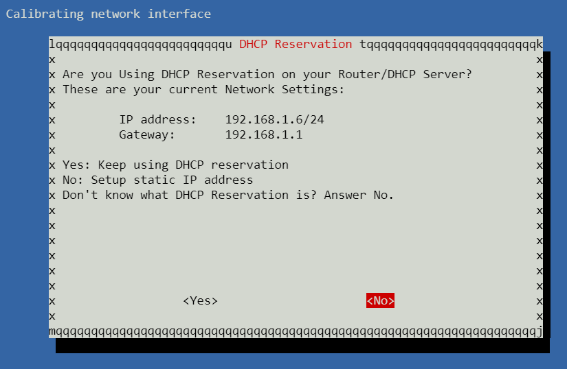 Choosing to setup a static IP address