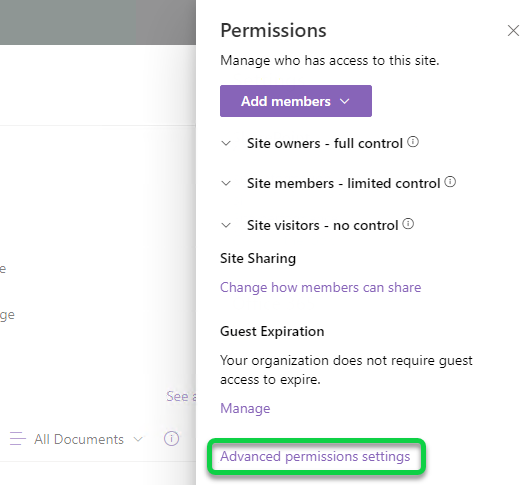 Accessing the Advanced permissions settings