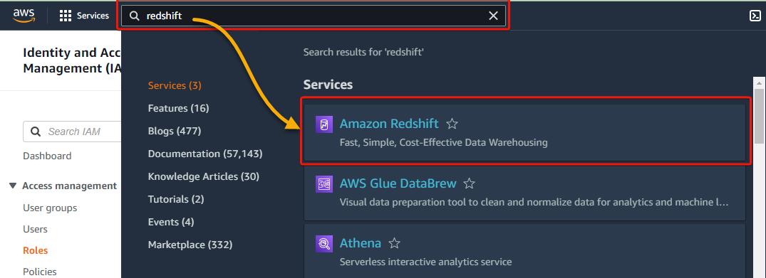 Searching for the AWS Redshift service