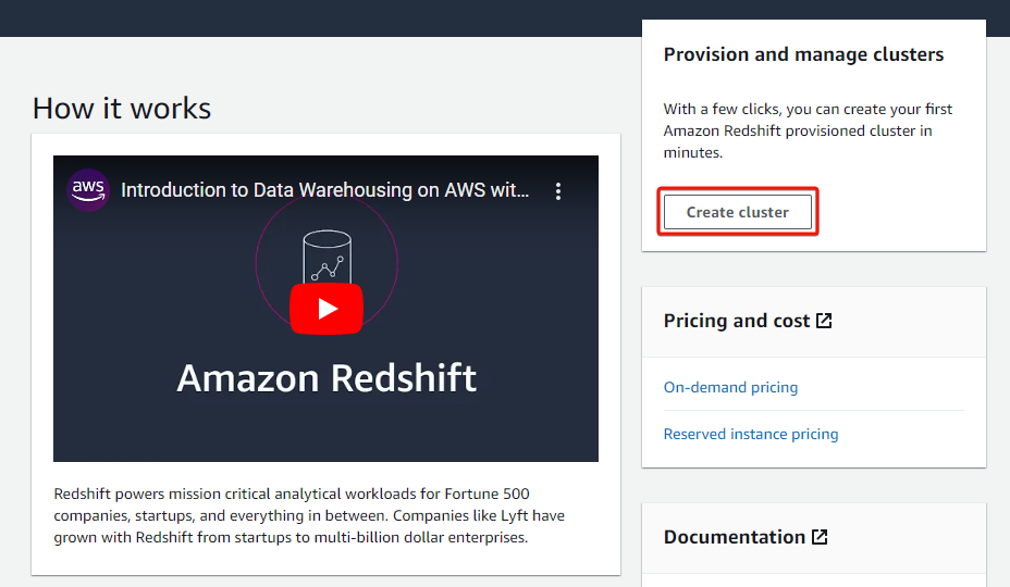 Initiating creating an AWS Redshift Cluster