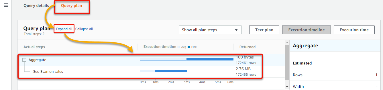 Viewing the steps and statistics of the query execution