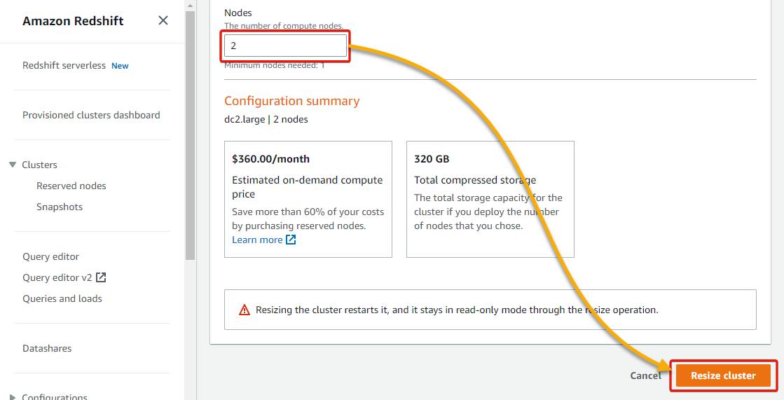 Resizing an AWS Redshift cluster