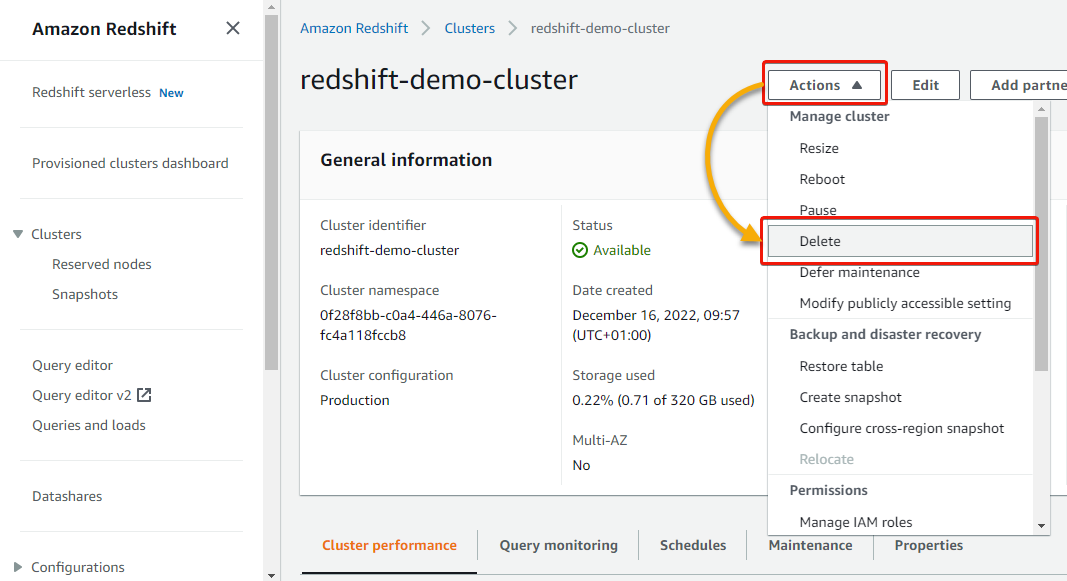 Deleting an AWS Redshift cluster