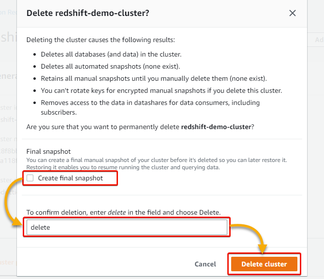 Confirming the cluster deletion