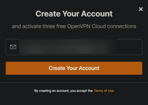 Providing an email address and creating an OpenVPN cloud account