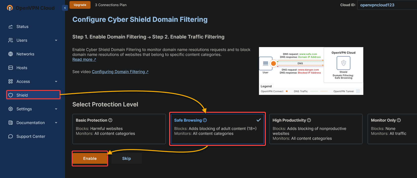 Enabling Cyber Shield Domain Filtering
