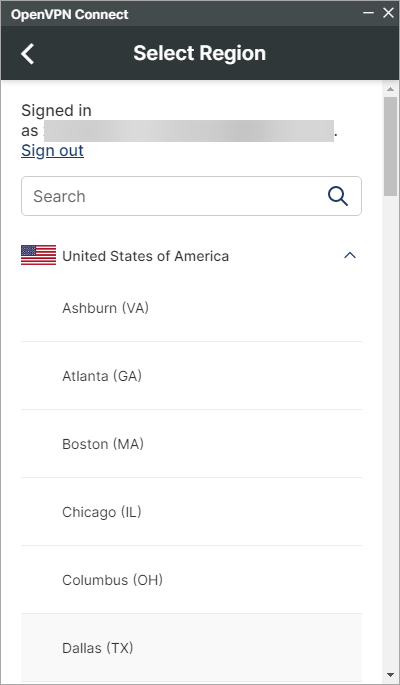 Selecting a region from the list to connect