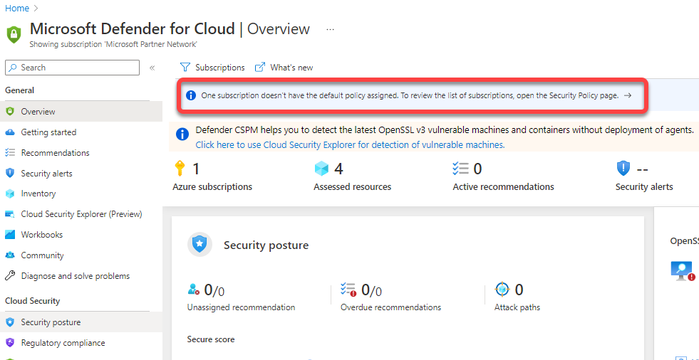 Displaying the Microsoft Defender for Cloud Overview Page