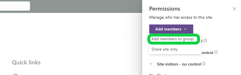 Choosing to add members to the default permissions group