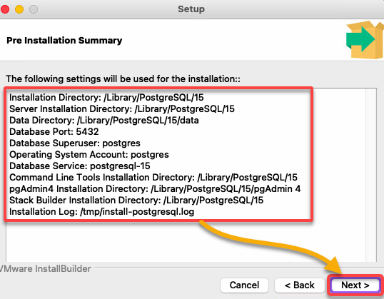 Reviewing the selected settings for the PostgreSQL installation