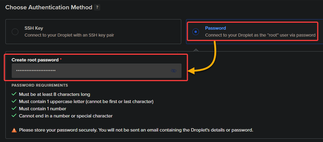 Selecting an authentication method (Password)