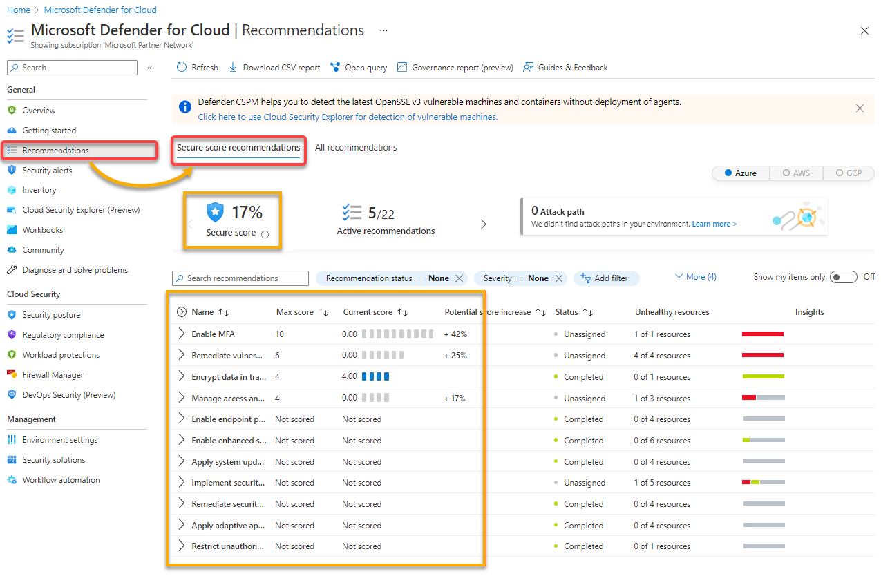 Overviewing Secure Score recommendations