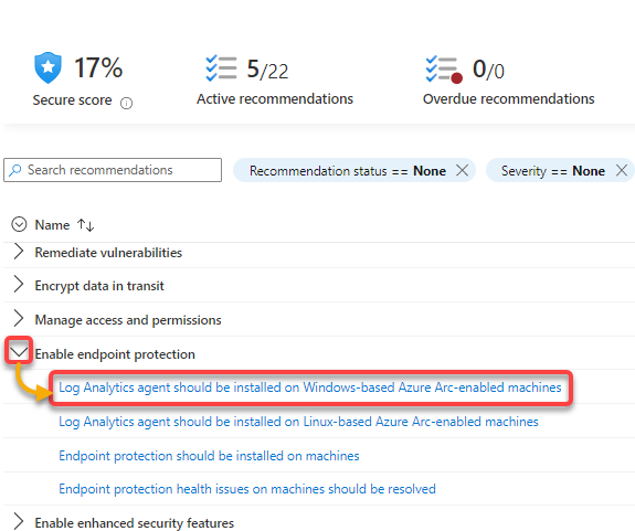 Selecting a recommendation under the Enable endpoint protection control
