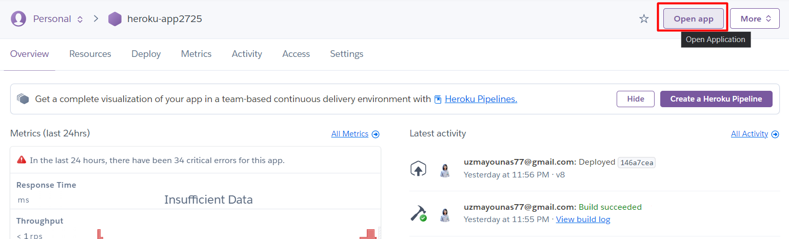 Launching the web app from the Heroku dashboard