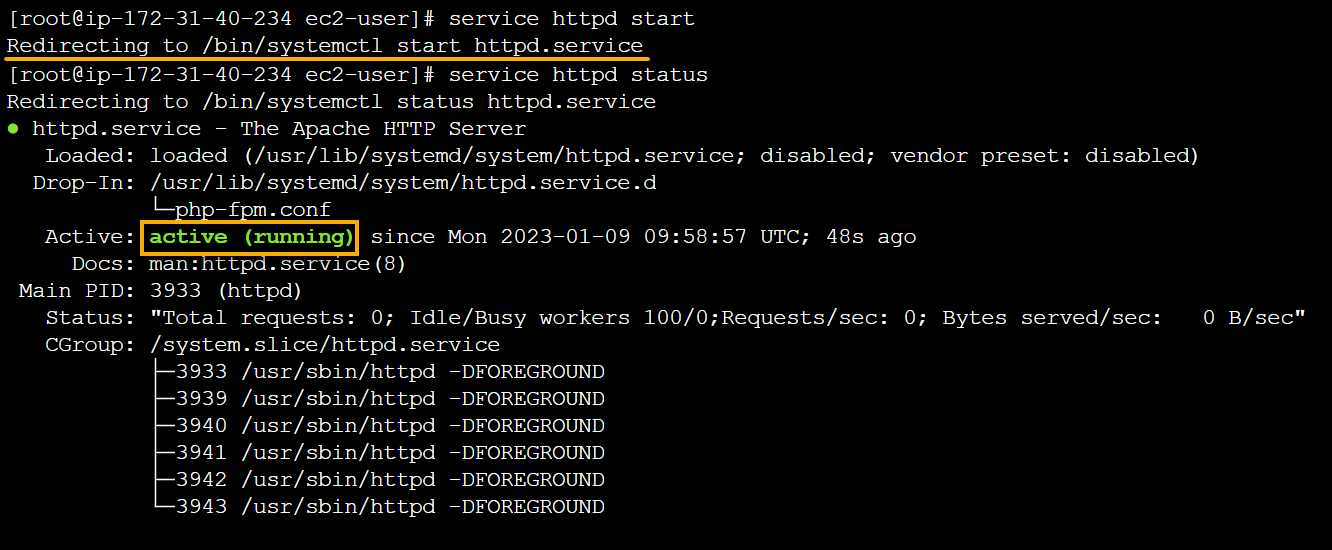 Starting the Apache web server and checking its status