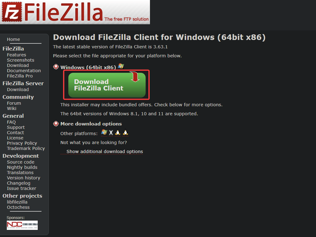 Downloading the FileZilla client installer