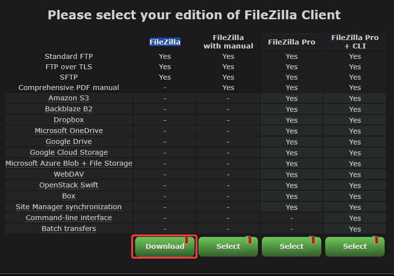 Selecting a FileZilla version to download