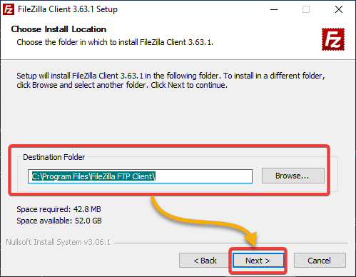 Select an install location for FileZilla