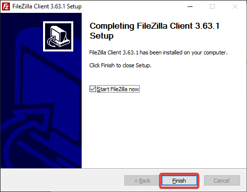 Closing the installation wizard and launching the FileZilla client 