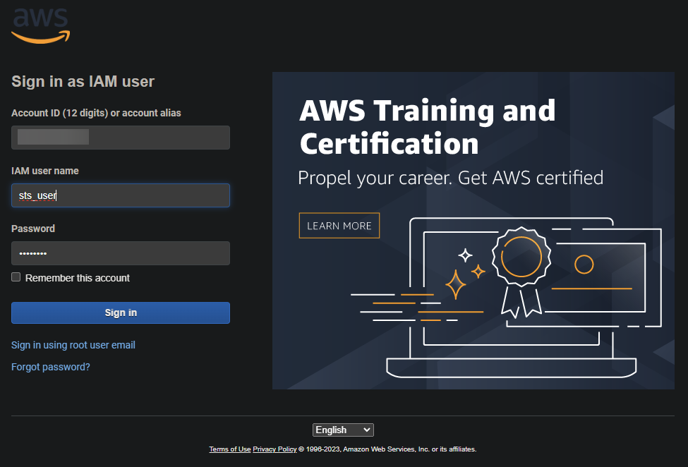 Logging into the AWS Management Console with the IAM user