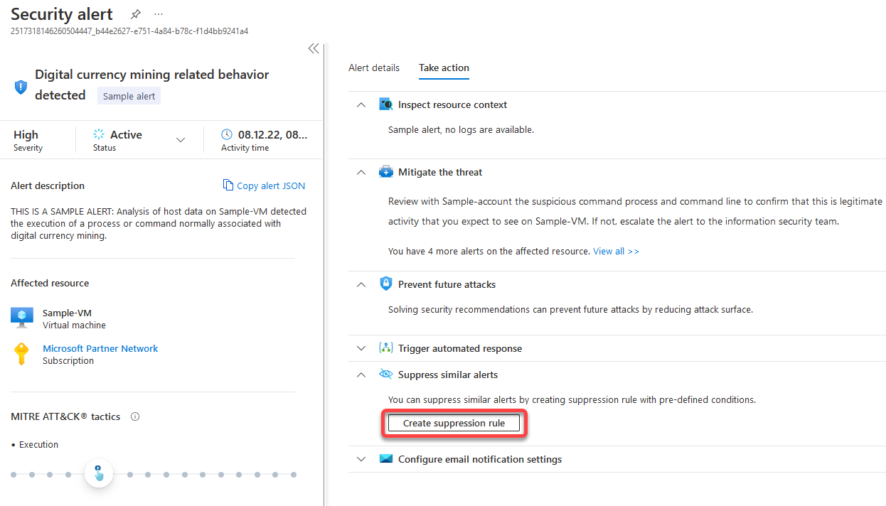 Inspecting the Create suppression rule option