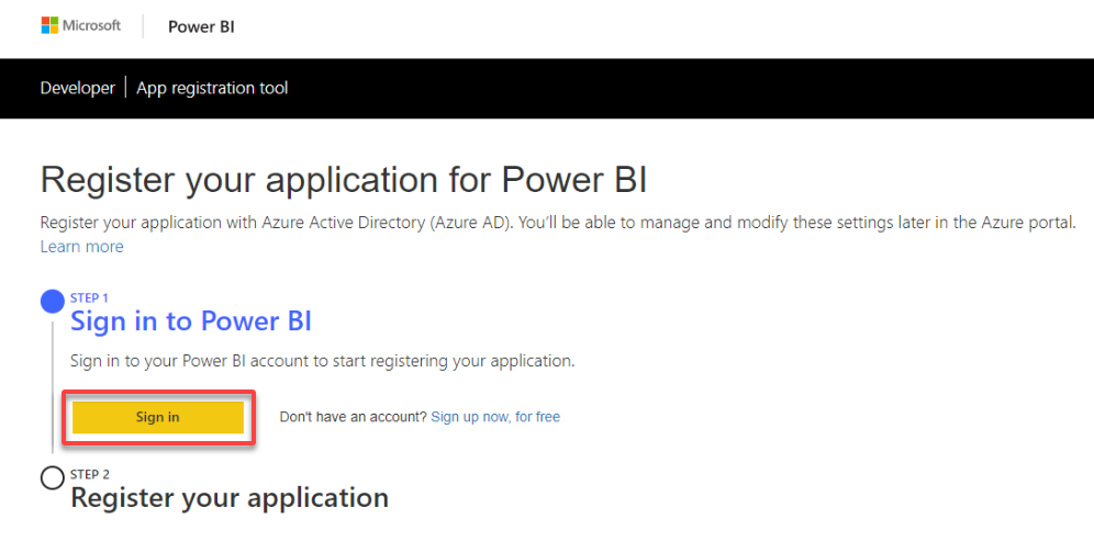 Signing into the Power BI Developer Portal