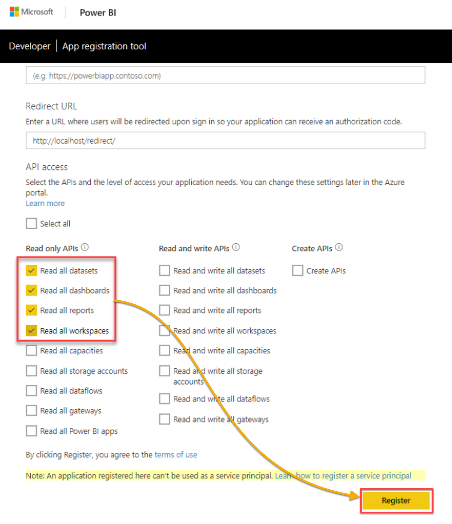 Registering and configuring an application