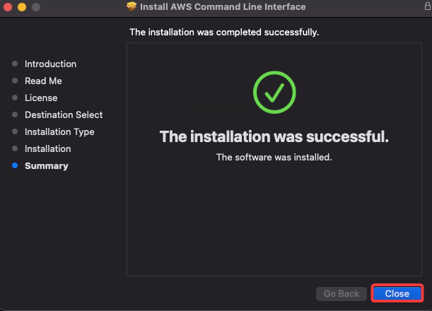 Closing the AWS CLI installation window