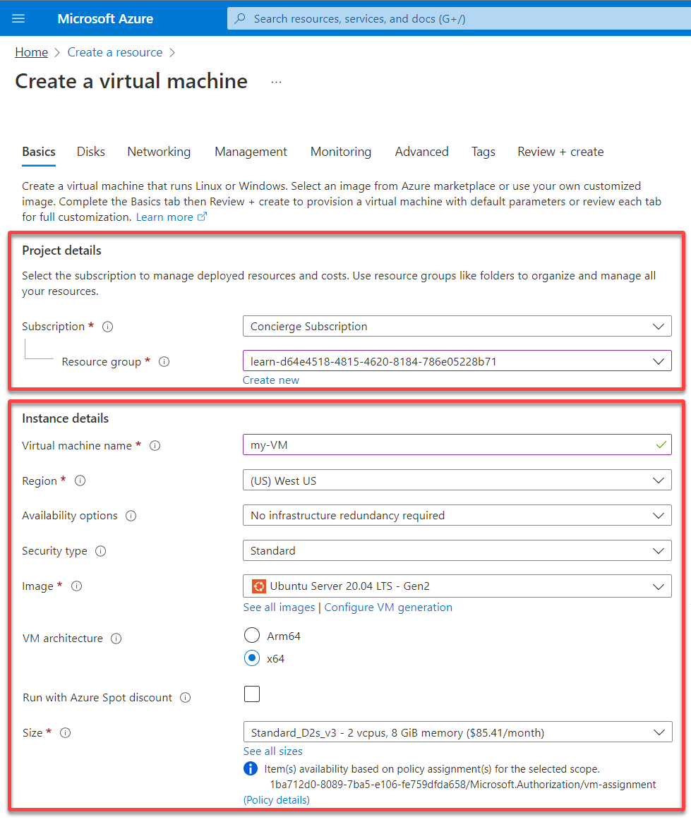 Setting the new VM’s basic details